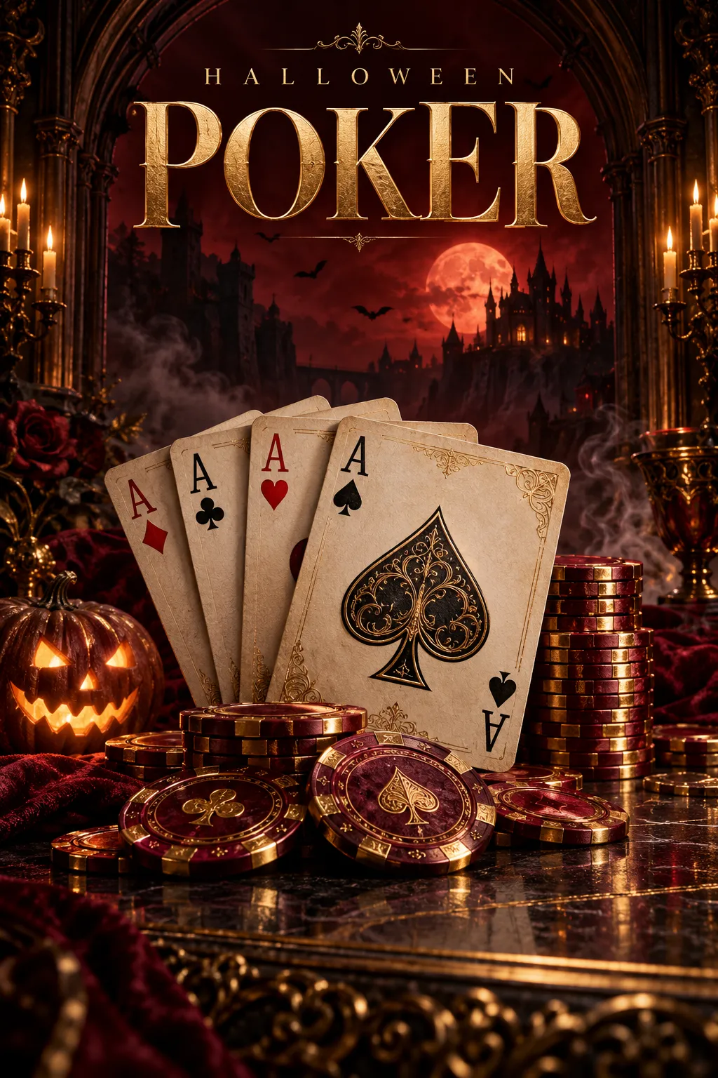 Ilustrasi kartu as dan chip poker bertema Halloween